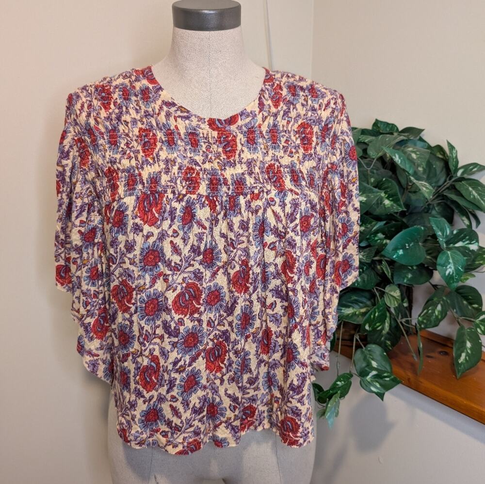 Free People “Peach Tea Combo” Floral Smocked Boho Blouse – Size M NWT
